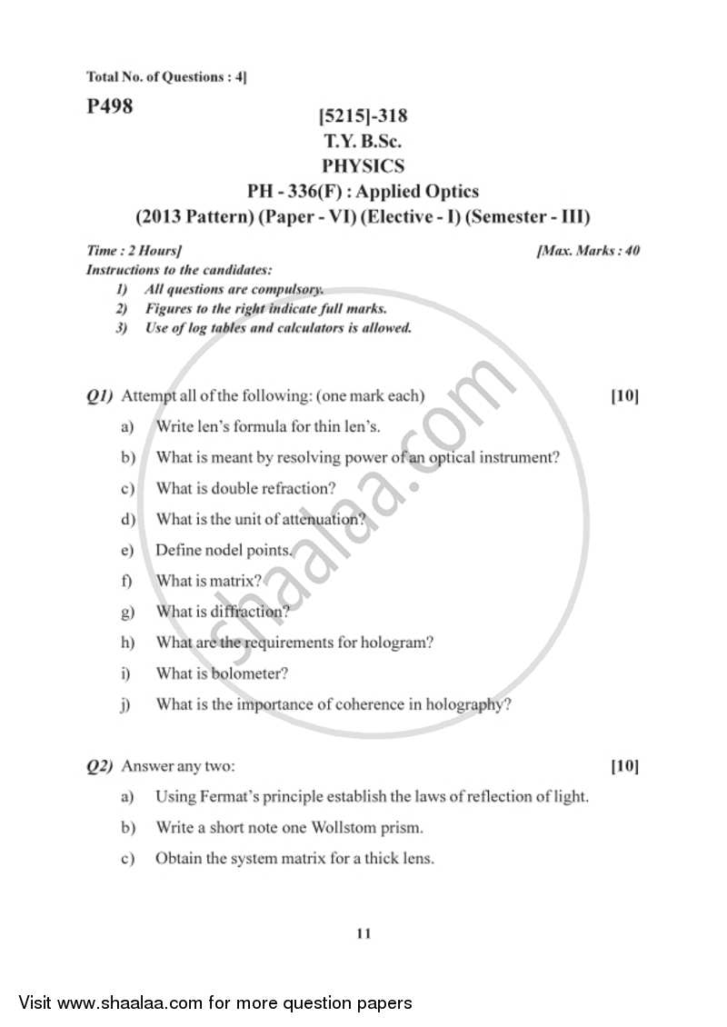 Applied Optics 2017-2018 - B.Sc. - Semester 5 (TYBSc) - University of Pune question paper with PDF download