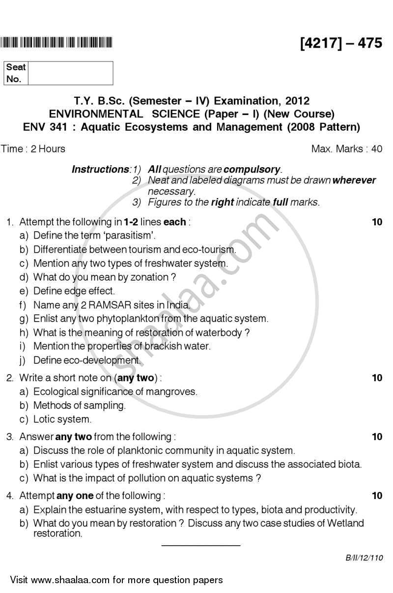 Aquatic Ecosystems and Management 2012-2013 - B.Sc. - Semester 6 (TYBSc) - University of Pune question paper with PDF download