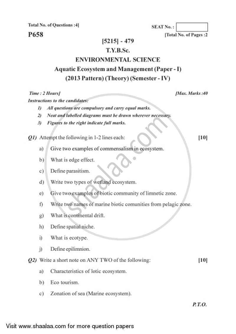 Aquatic Ecosystems and Management 2017-2018 - B.Sc. - Semester 6 (TYBSc) - University of Pune question paper with PDF download
