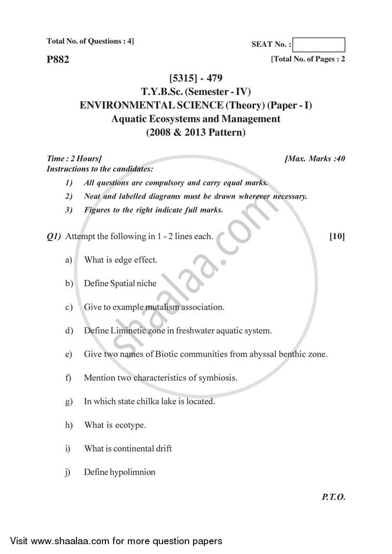 Aquatic Ecosystems and Management 2017-2018 - B.Sc. - Semester 6 (TYBSc) - University of Pune question paper with PDF download