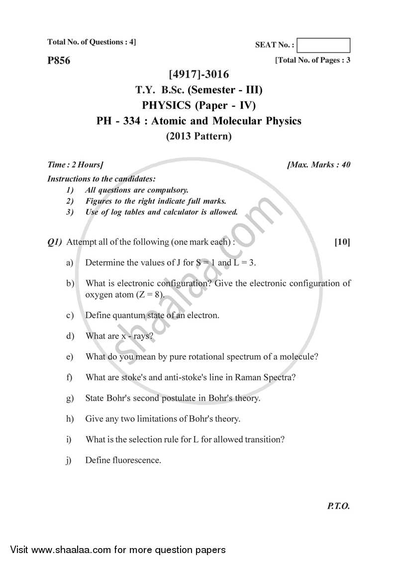 Atomic and Molecular Physics 2015-2016 - B.Sc. - Semester 5 (TYBSc) - University of Pune question paper with PDF download