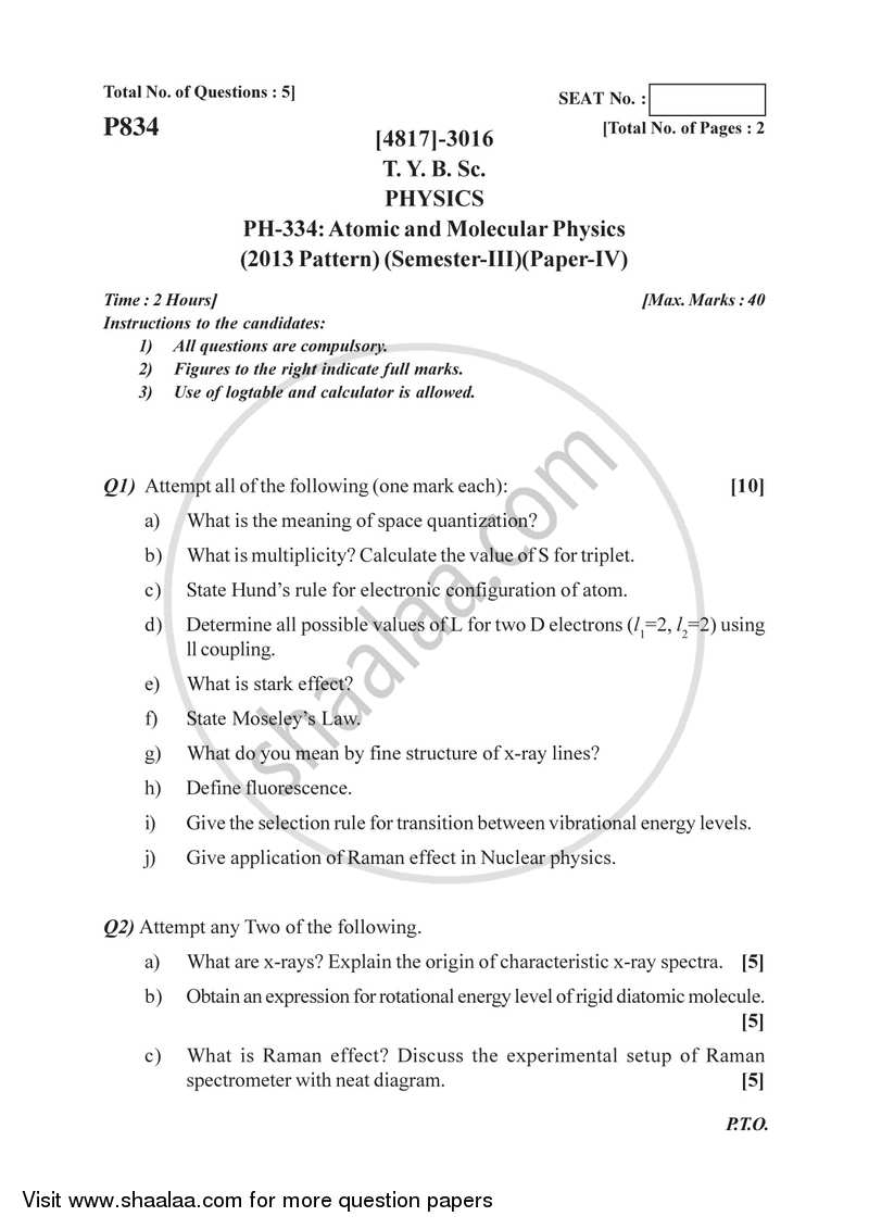 Atomic and Molecular Physics 2015-2016 - B.Sc. - Semester 5 (TYBSc) - University of Pune question paper with PDF download