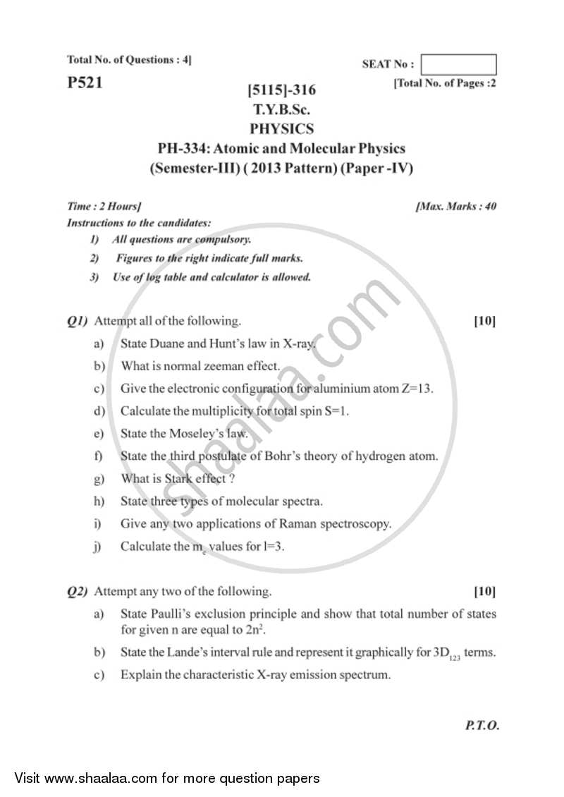 Atomic and Molecular Physics 2016-2017 - B.Sc. - Semester 5 (TYBSc) - University of Pune question paper with PDF download