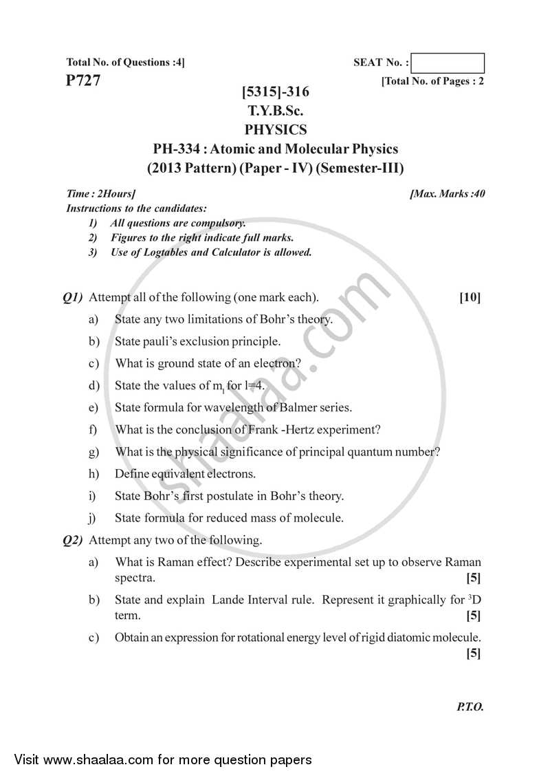 Atomic and Molecular Physics 2017-2018 - B.Sc. - Semester 5 (TYBSc) - University of Pune question paper with PDF download