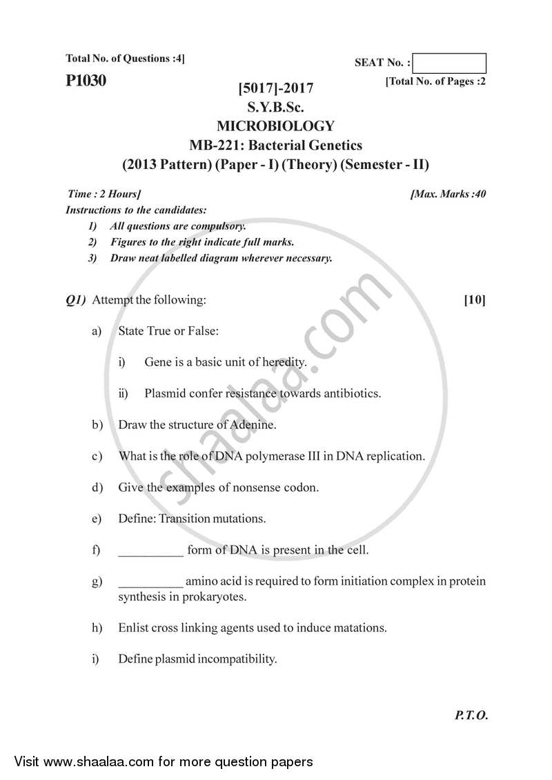 Bacterial Genetics 2016-2017 - B.Sc. - Semester 4 (SYBSc) - University of Pune question paper with PDF download