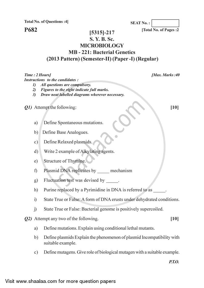 Bacterial Genetics 2017-2018 - B.Sc. - Semester 4 (SYBSc) - University of Pune question paper with PDF download