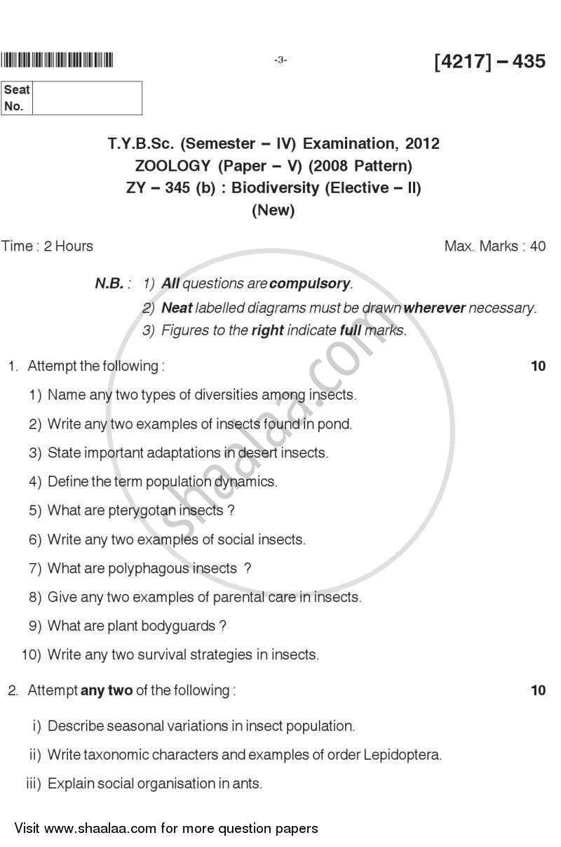 Biodiversity 2012-2013 - B.Sc. - Semester 6 (TYBSc) - University of Pune question paper with PDF download