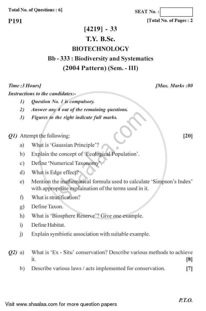 Biodiversity and Systematics 2012-2013 - B.Sc. - Semester 5 (TYBSc) - University of Pune question paper with PDF download