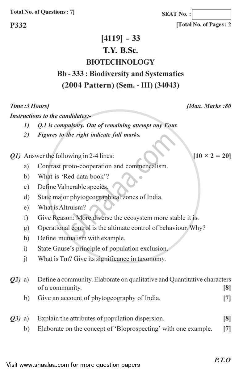 Biodiversity and Systematics 2012-2013 - B.Sc. - Semester 5 (TYBSc) - University of Pune question paper with PDF download