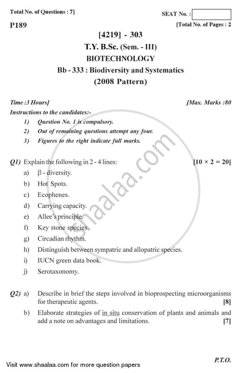 Biodiversity and Systematics 2012-2013 - B.Sc. - Semester 5 (TYBSc) - University of Pune question paper with PDF download