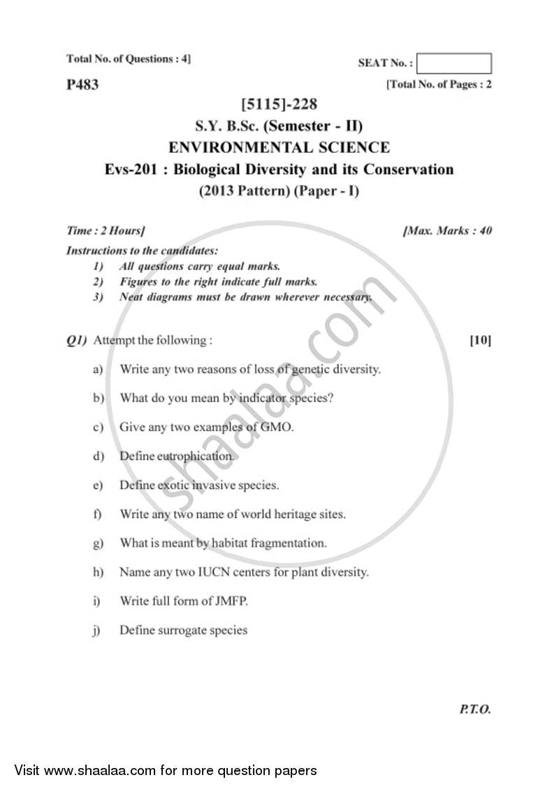 Biological Diversity and Its Conservation 2016-2017 - B.Sc. - Semester 4 (SYBSc) - University of Pune question paper with PDF download