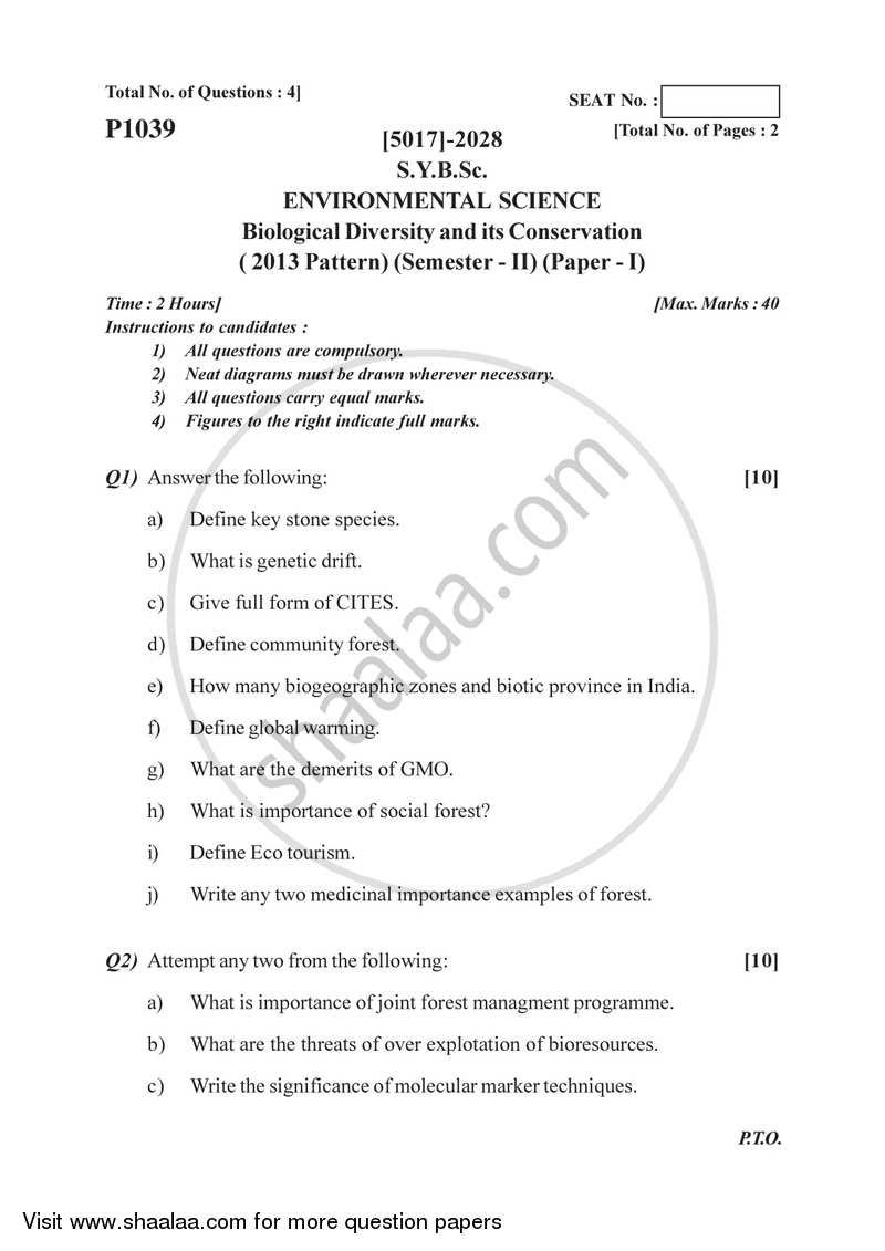Biological Diversity and Its Conservation 2016-2017 - B.Sc. - Semester 4 (SYBSc) - University of Pune question paper with PDF download