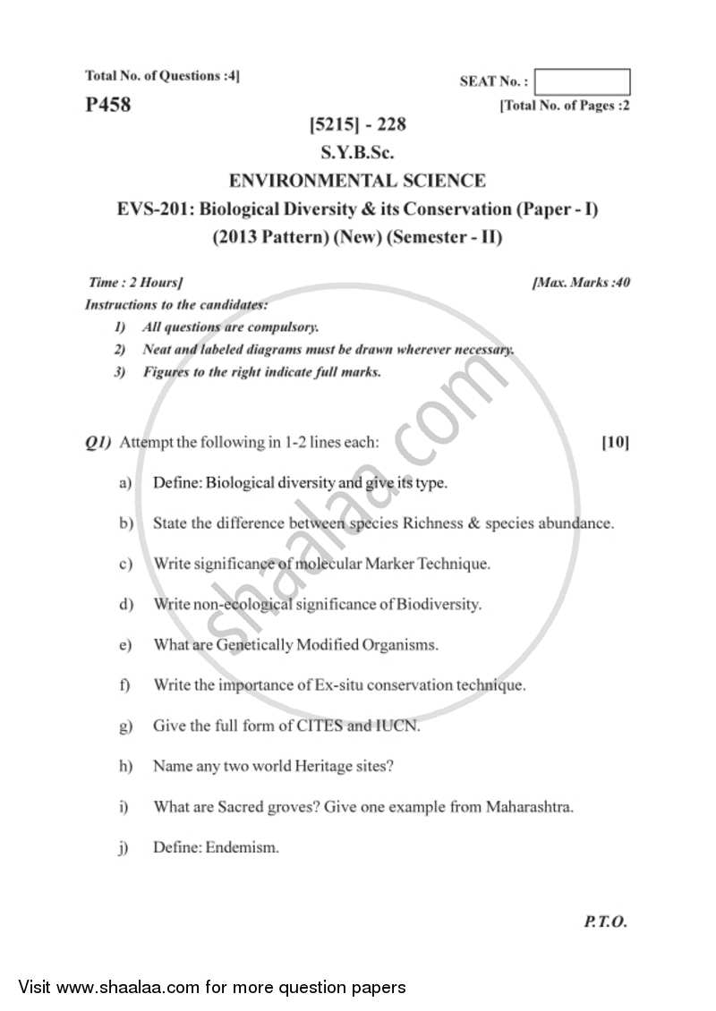 Biological Diversity and Its Conservation 2017-2018 - B.Sc. - Semester 4 (SYBSc) - University of Pune question paper with PDF download