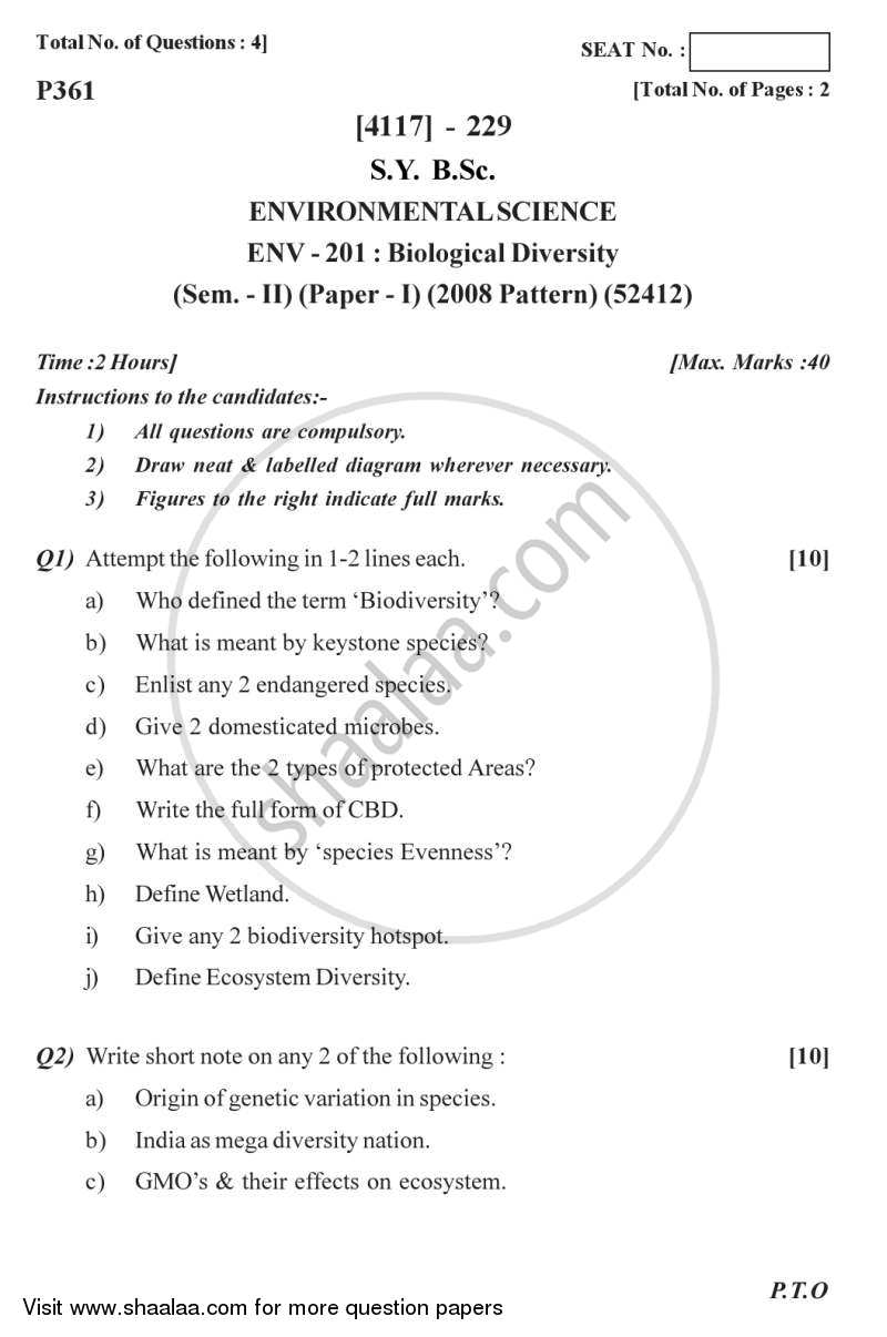 Biological Diversity 2012-2013 - B.Sc. - Semester 4 (SYBSc) - University of Pune question paper with PDF download