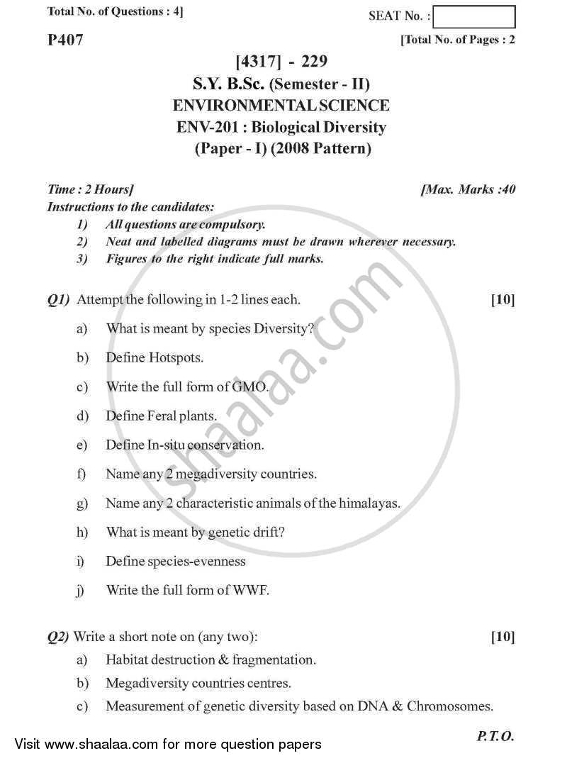 Biological Diversity 2013-2014 - B.Sc. - Semester 4 (SYBSc) - University of Pune question paper with PDF download