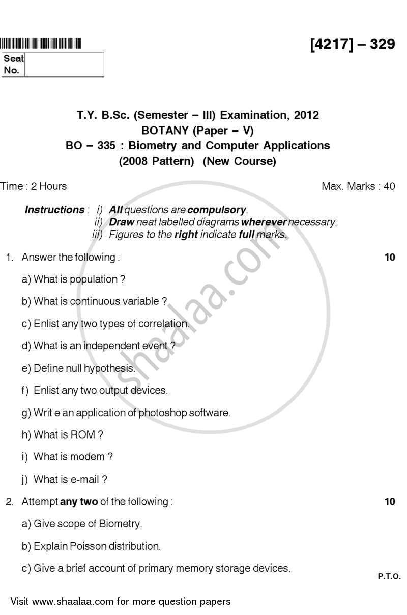 Biometry and Computer Applications 2012-2013 - B.Sc. - Semester 5 (TYBSc) - University of Pune question paper with PDF download