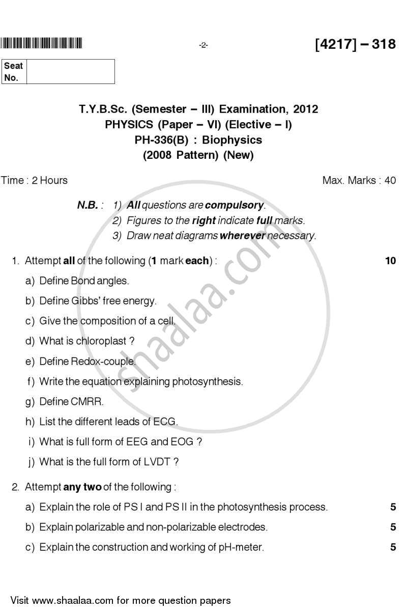 Biophysics 2012-2013 - B.Sc. - Semester 5 (TYBSc) - University of Pune question paper with PDF download