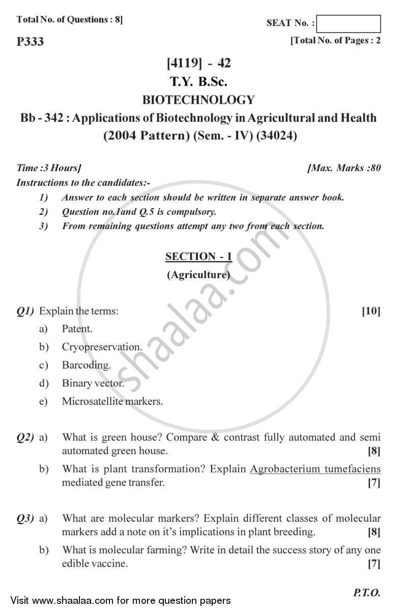 Biotechnology in Agriculture and Health 2011-2012 - B.Sc. - Semester 6 (TYBSc) - University of Pune question paper with PDF download