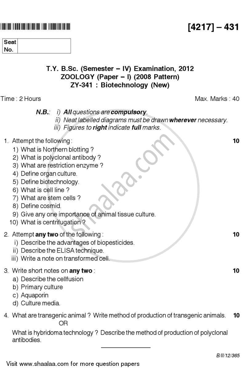 Biotechnology 2012-2013 - B.Sc. - Semester 6 (TYBSc) - University of Pune question paper with PDF download