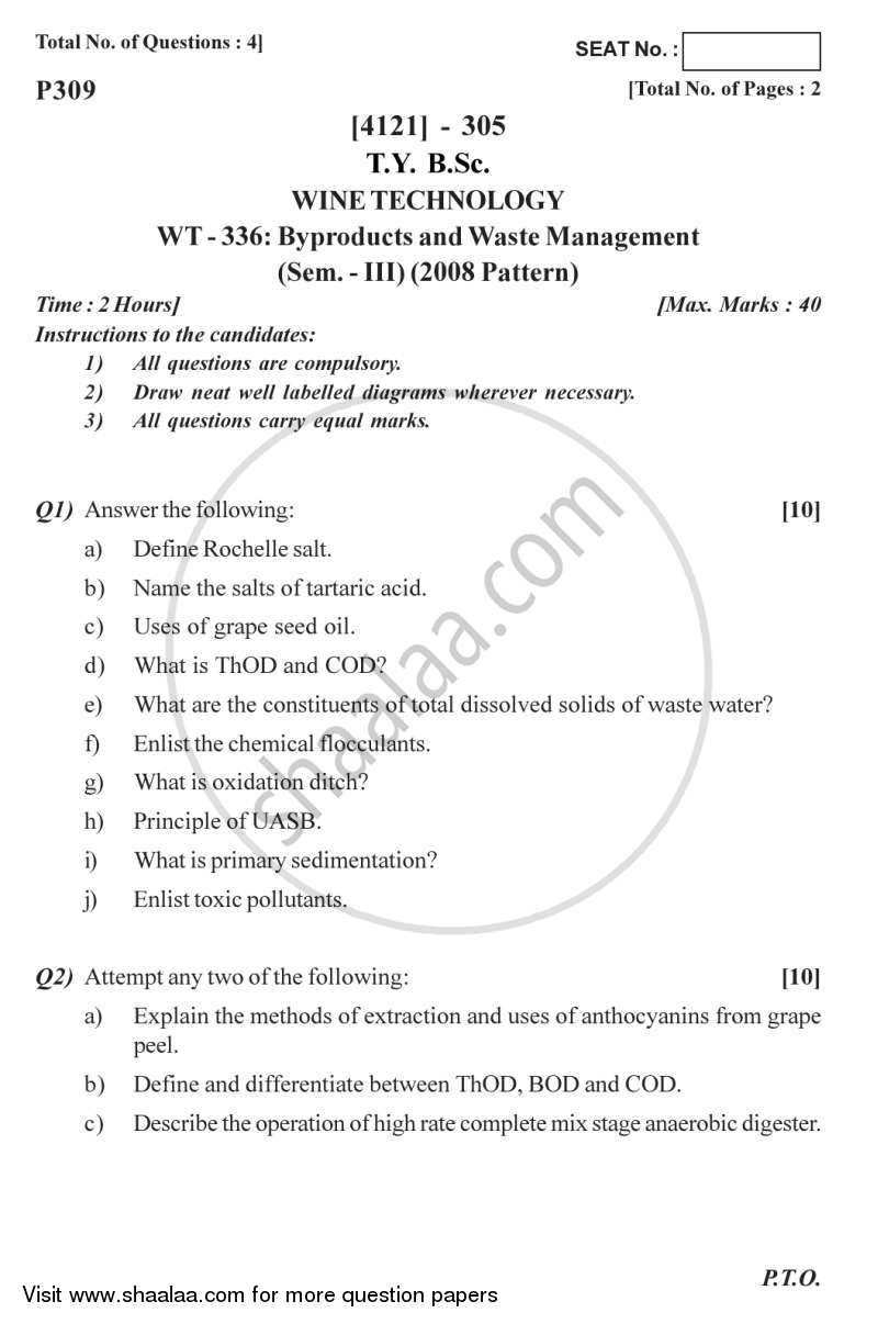 Byproducts and Waste Management 2012-2013 - B.Sc. - Semester 5 (TYBSc) - University of Pune question paper with PDF download