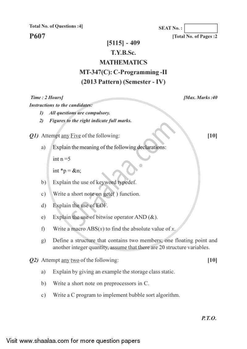 C-programming 2 2016-2017 - B.Sc. - Semester 6 (TYBSc) - University of Pune question paper with PDF download