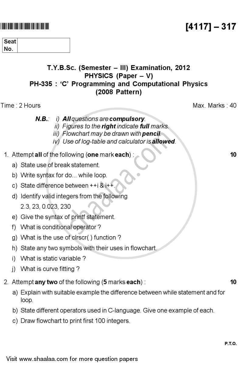 C Programming and Computational Physics 2012-2013 - B.Sc. - Semester 5 (TYBSc) - University of Pune question paper with PDF download