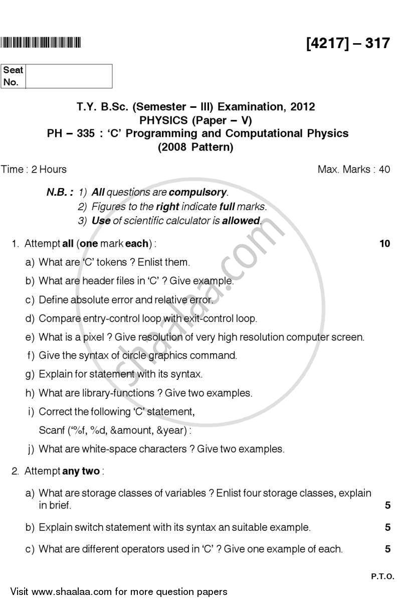 C Programming and Computational Physics 2012-2013 - B.Sc. - Semester 5 (TYBSc) - University of Pune question paper with PDF download