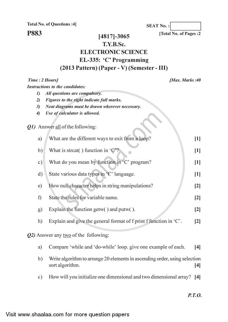 C Programming 2015-2016 - B.Sc. - Semester 5 (TYBSc) - University of Pune question paper with PDF download