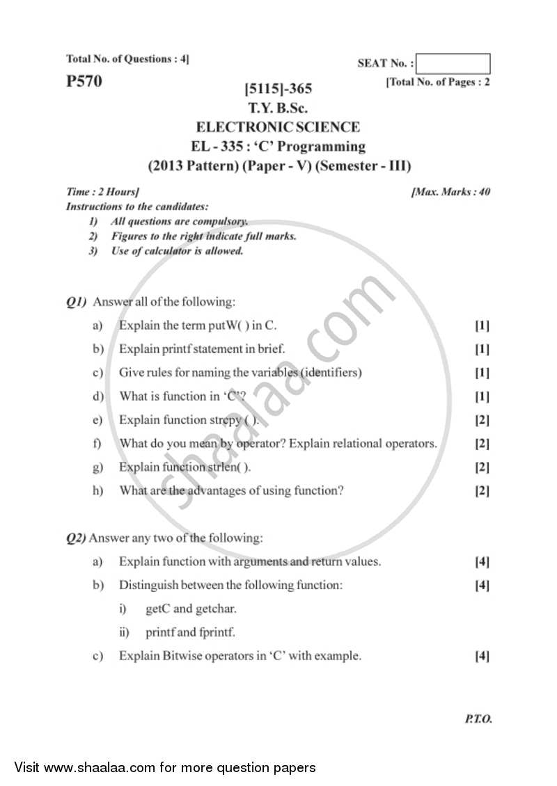 C Programming 2016-2017 - B.Sc. - Semester 5 (TYBSc) - University of Pune question paper with PDF download