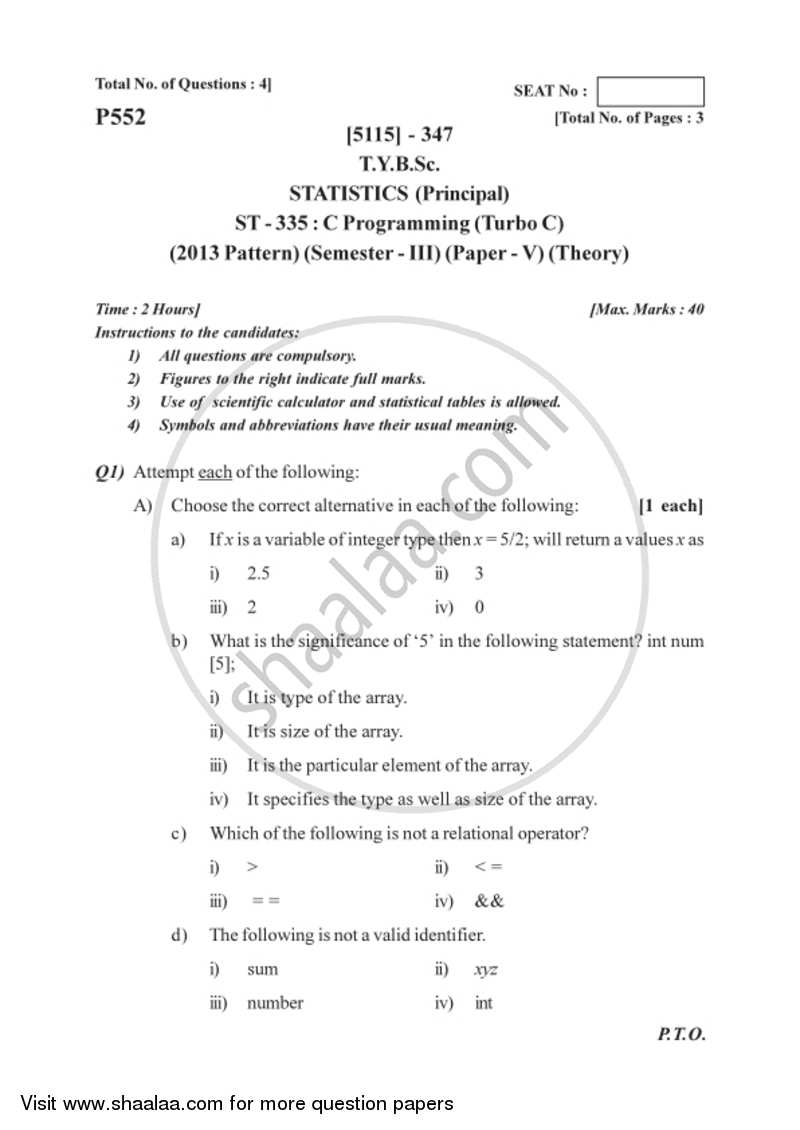 C Programming (Turbo C) 2016-2017 - B.Sc. - Semester 5 (TYBSc) - University of Pune question paper with PDF download