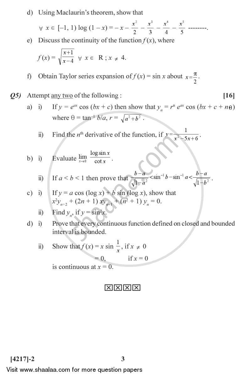 Calculus 2012-2013 - B.Sc. - Semester 2 (FYBSc) - University of Pune question paper with PDF download