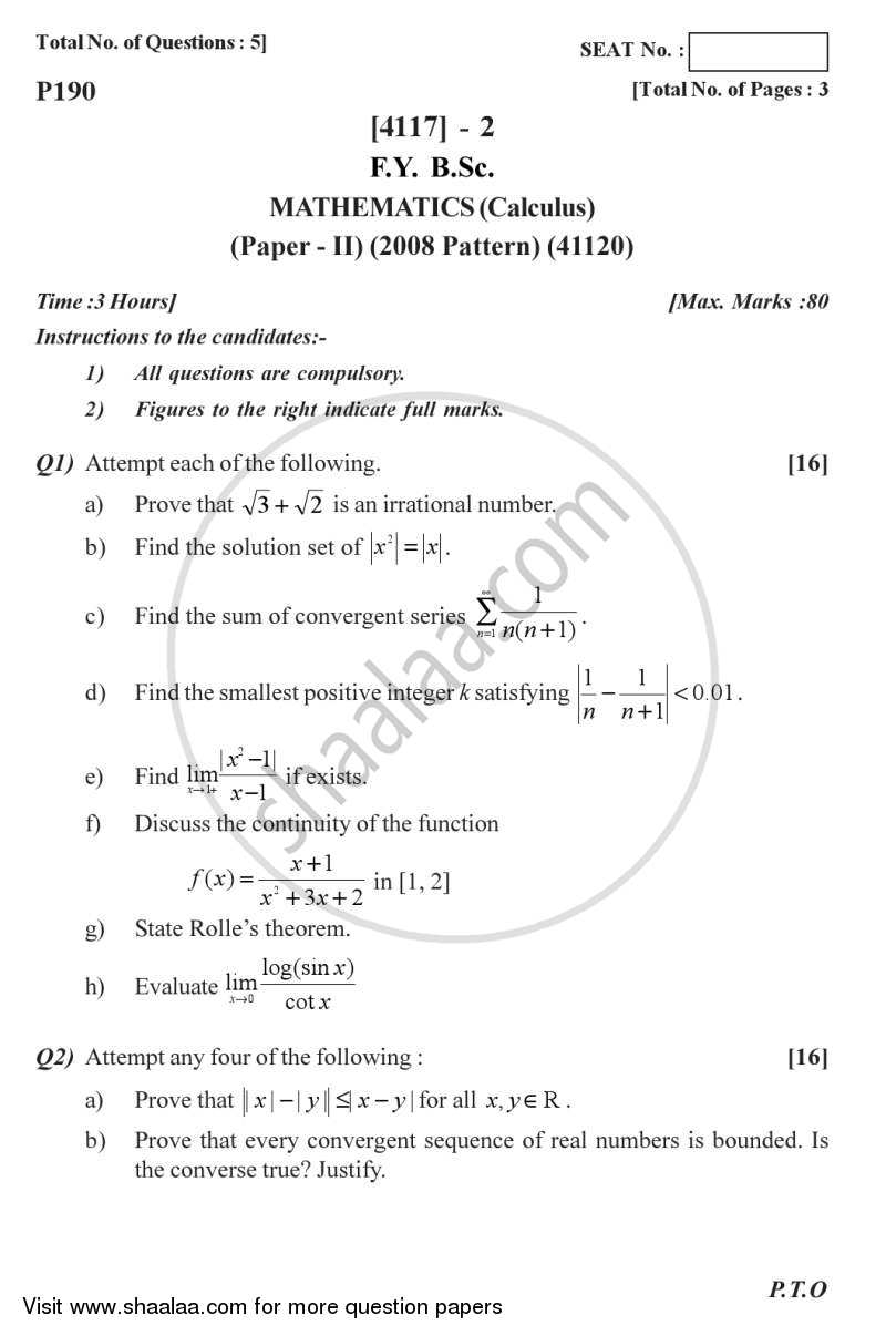 Calculus 2012-2013 - B.Sc. - Semester 2 (FYBSc) - University of Pune question paper with PDF download