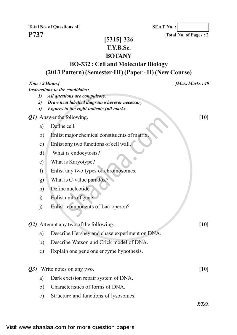 Cell and Molecular Biology 2017-2018 - B.Sc. - Semester 5 (TYBSc) - University of Pune question paper with PDF download