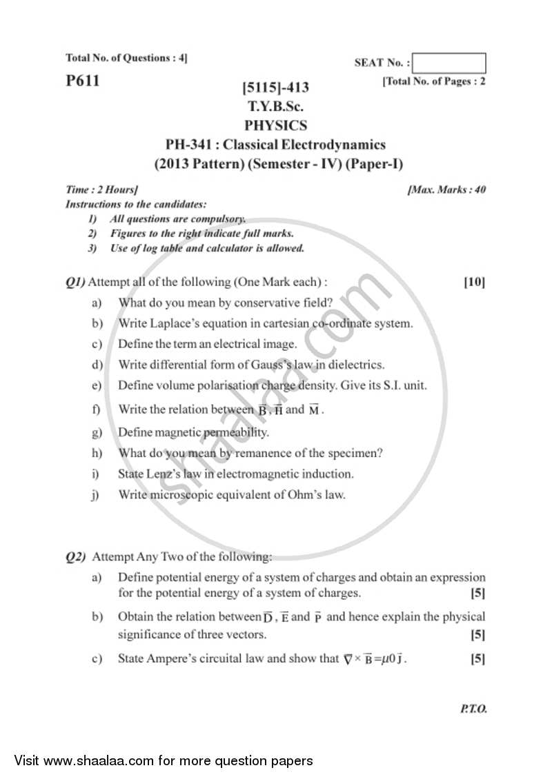 Classical Electrodynamics 2016-2017 - B.Sc. - Semester 6 (TYBSc) - University of Pune question paper with PDF download
