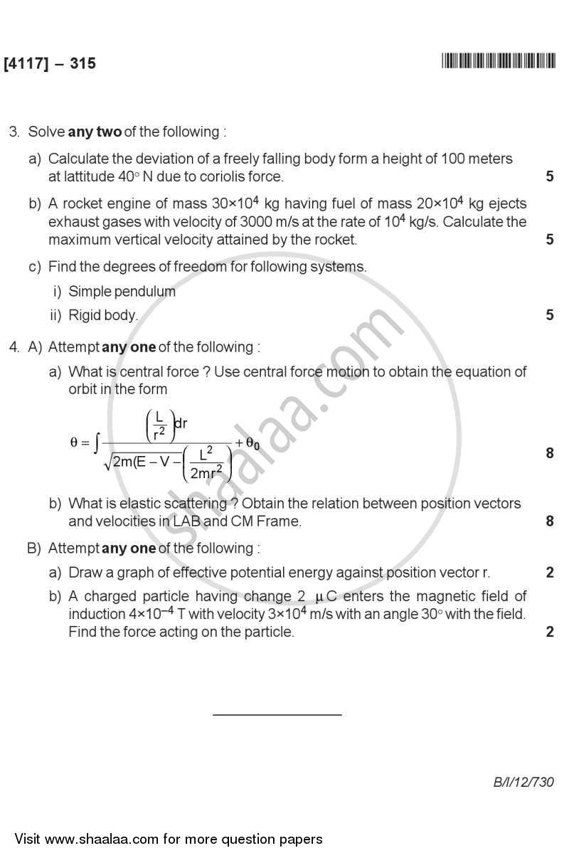 Classical Mechanics 2012-2013 - B.Sc. - Semester 5 (TYBSc) - University of Pune question paper with PDF download