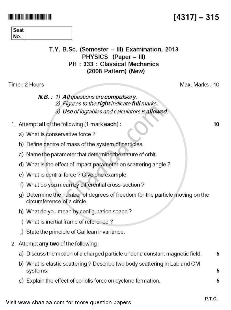 Classical Mechanics 2013-2014 - B.Sc. - Semester 5 (TYBSc) - University of Pune question paper with PDF download