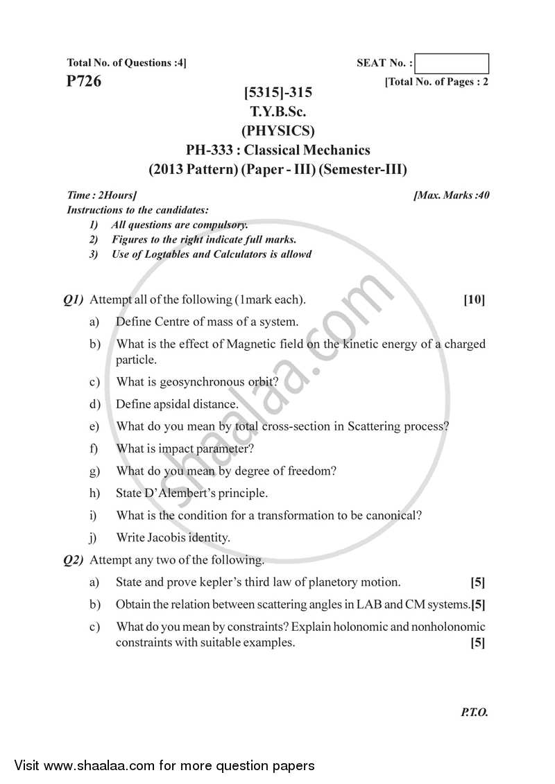 Classical Mechanics 2017-2018 - B.Sc. - Semester 5 (TYBSc) - University of Pune question paper with PDF download