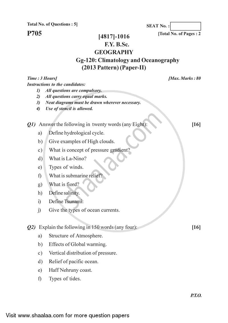 Climatology and Oceanography 2015-2016 - B.Sc. - Semester 2 (FYBSc) - University of Pune question paper with PDF download
