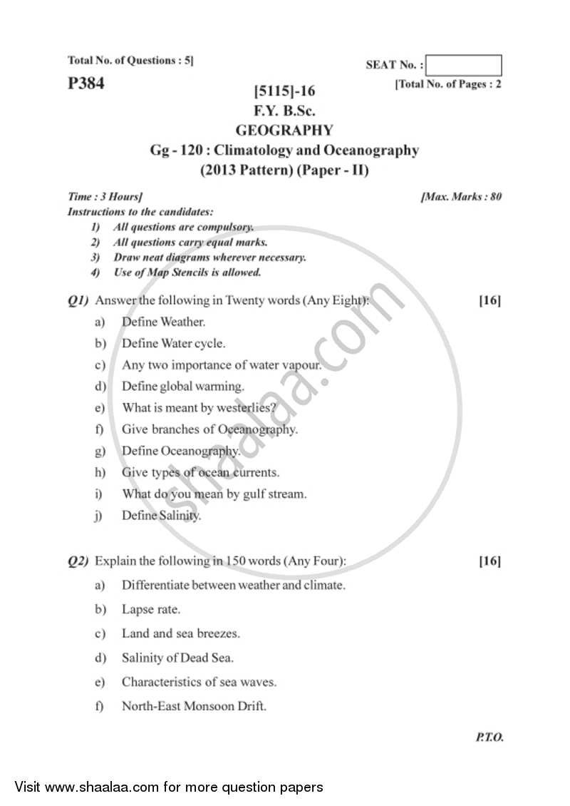 Climatology and Oceanography 2016-2017 - B.Sc. - Semester 2 (FYBSc) - University of Pune question paper with PDF download