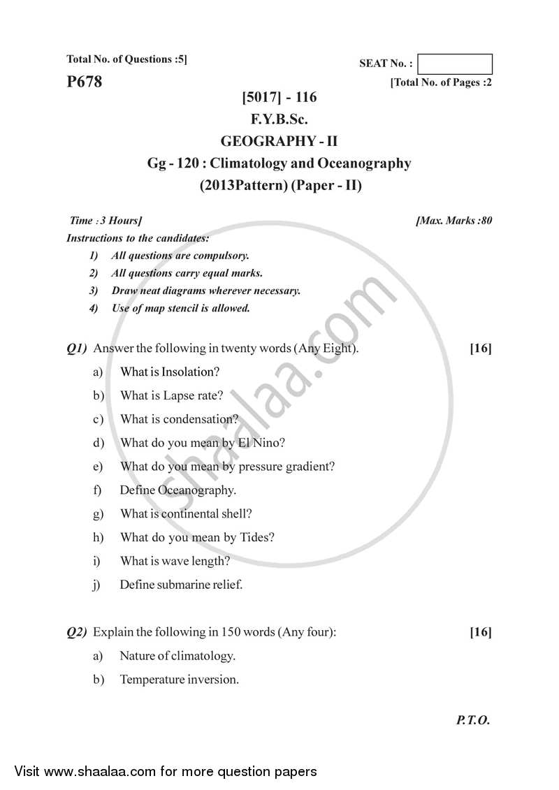 Climatology and Oceanography 2016-2017 - B.Sc. - Semester 2 (FYBSc) - University of Pune question paper with PDF download