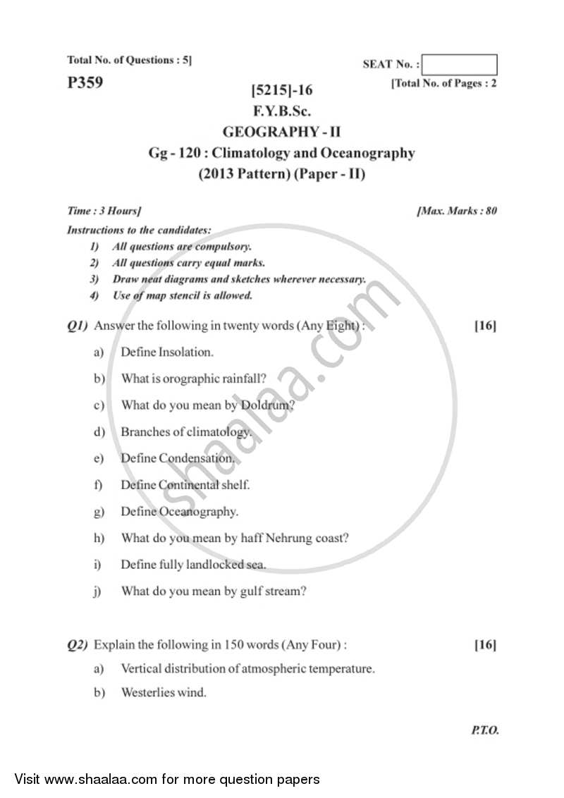 Climatology and Oceanography 2017-2018 - B.Sc. - Semester 2 (FYBSc) - University of Pune question paper with PDF download