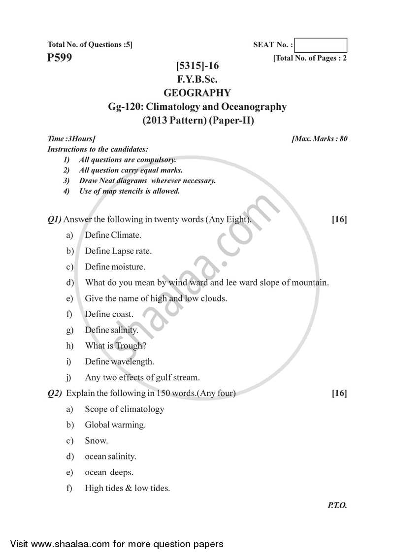 Climatology and Oceanography 2017-2018 - B.Sc. - Semester 2 (FYBSc) - University of Pune question paper with PDF download