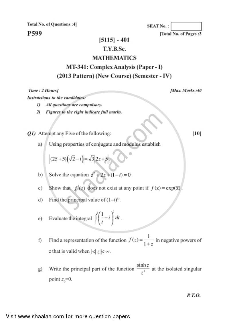 Complex Analysis 2016-2017 - B.Sc. - Semester 6 (TYBSc) - University of Pune question paper with PDF download