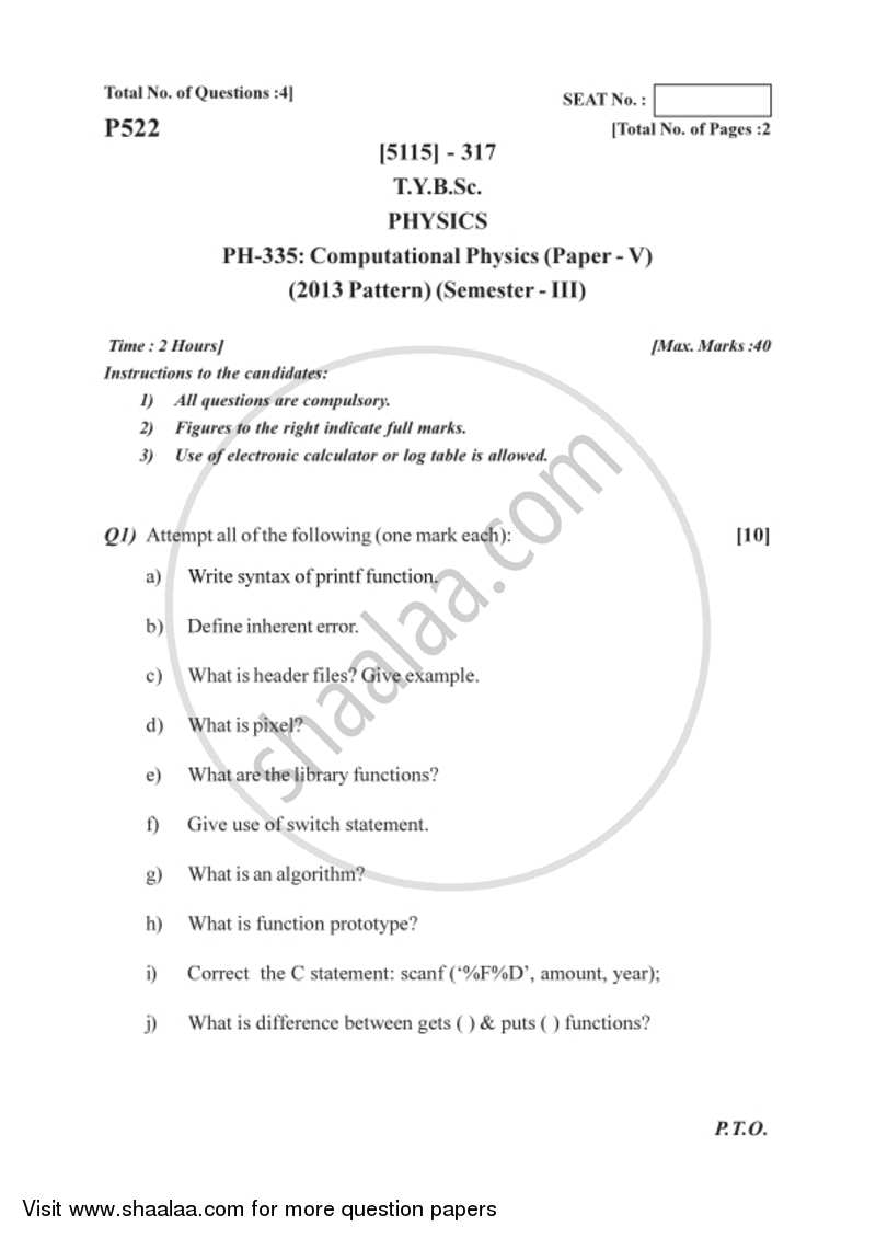 Computational Physics 2016-2017 - B.Sc. - Semester 5 (TYBSc) - University of Pune question paper with PDF download