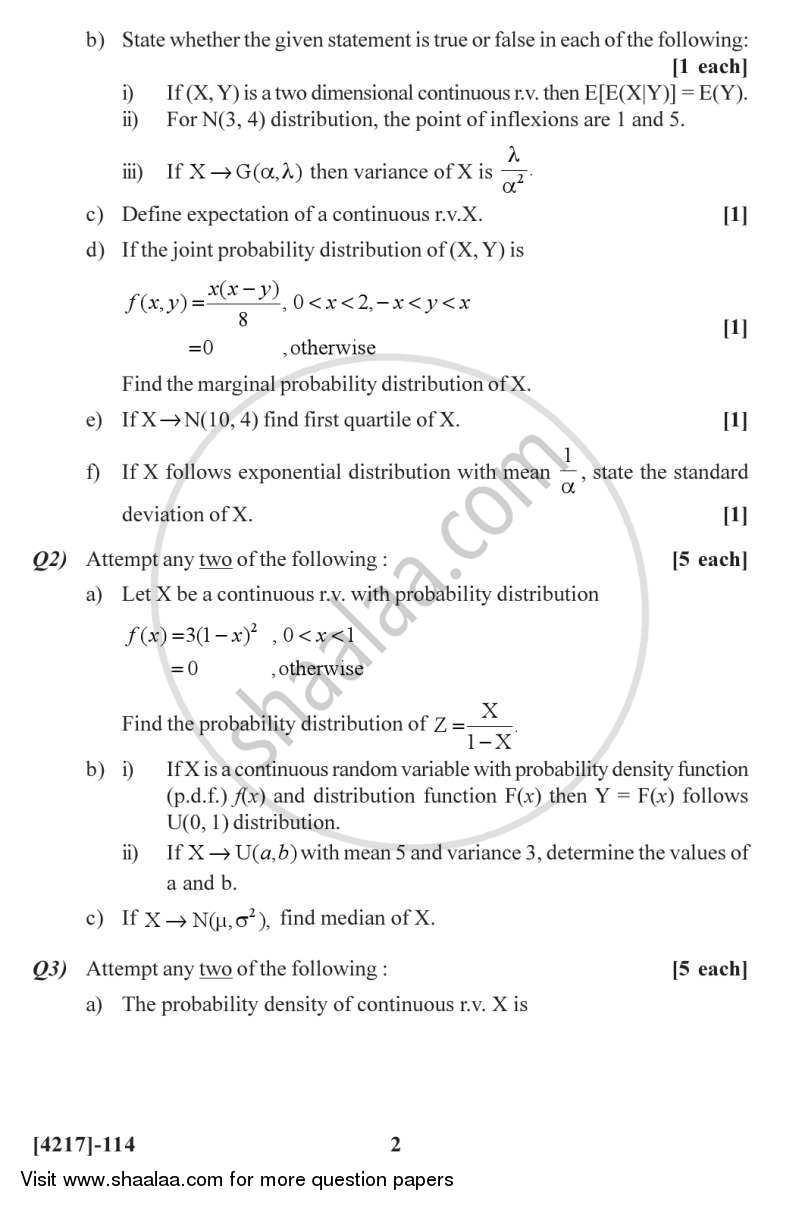 Continuous Probability Distributions 1 2012-2013 - B.Sc. - Semester 3 (SYBSc) - University of Pune question paper with PDF download