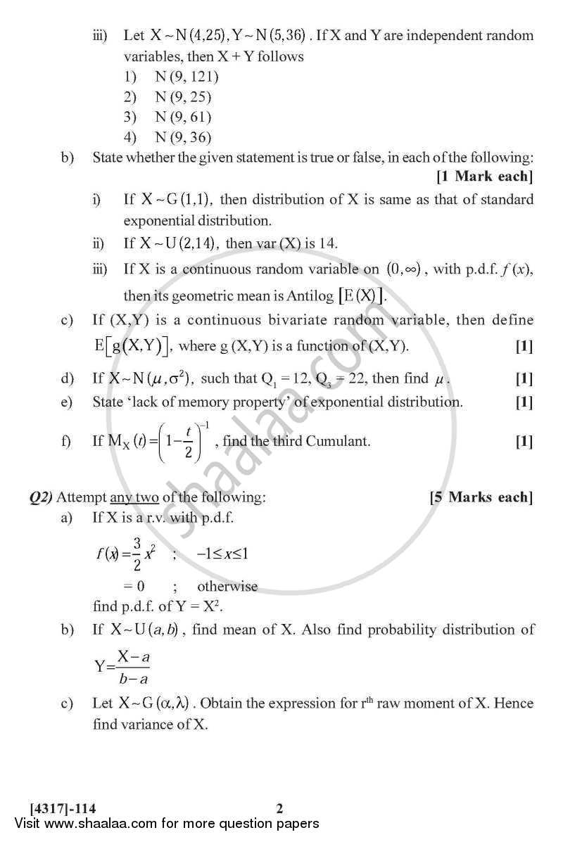 Continuous Probability Distributions 1 2013-2014 - B.Sc. - Semester 3 (SYBSc) - University of Pune question paper with PDF download