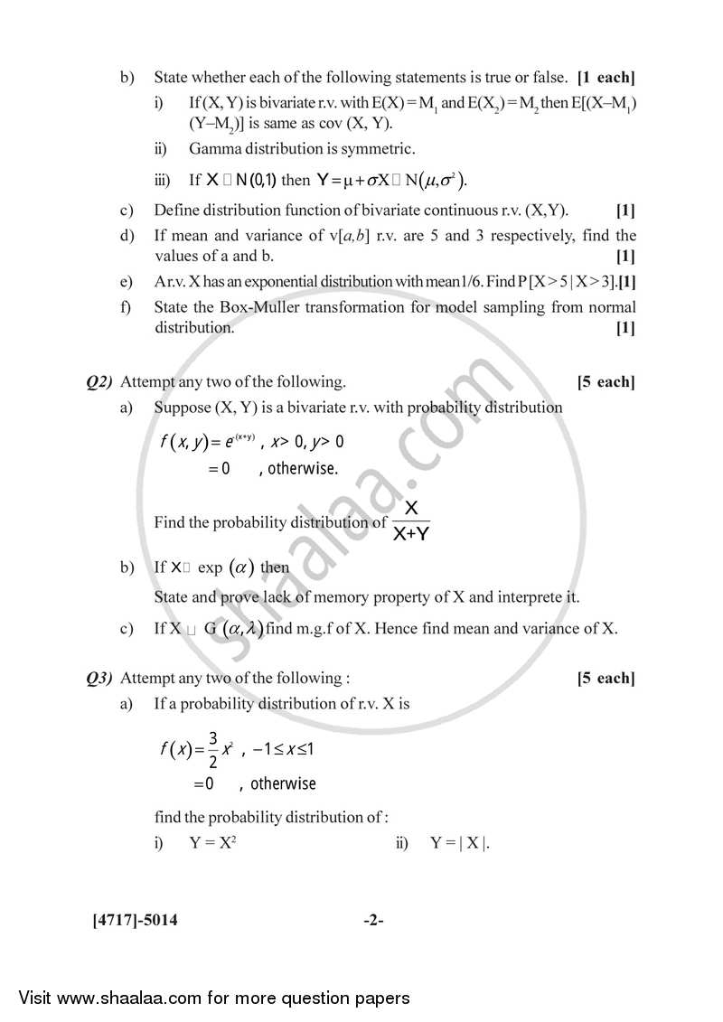 Continuous Probability Distributions 1 2014-2015 - B.Sc. - Semester 3 (SYBSc) - University of Pune question paper with PDF download