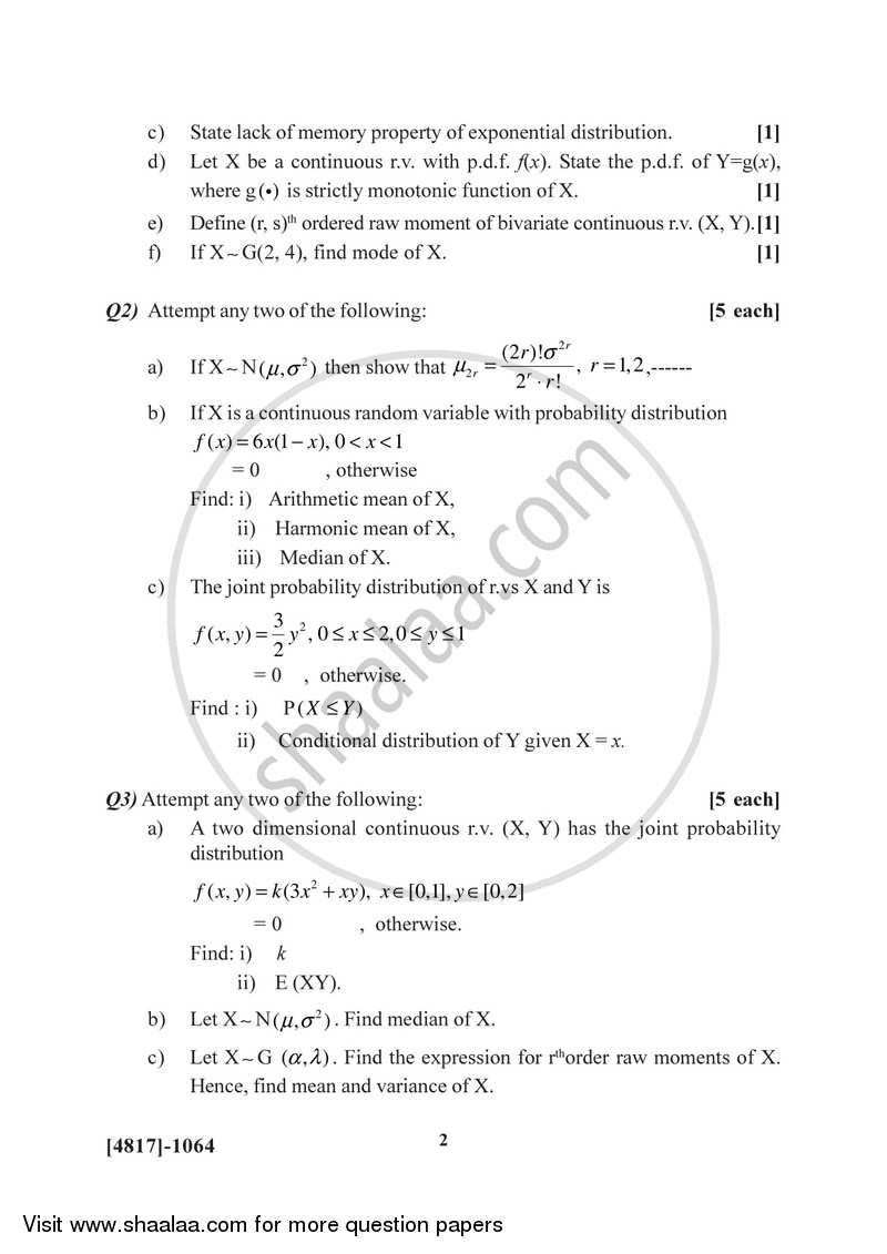 Continuous Probability Distributions 1 2015-2016 - B.Sc. - Semester 3 (SYBSc) - University of Pune question paper with PDF download