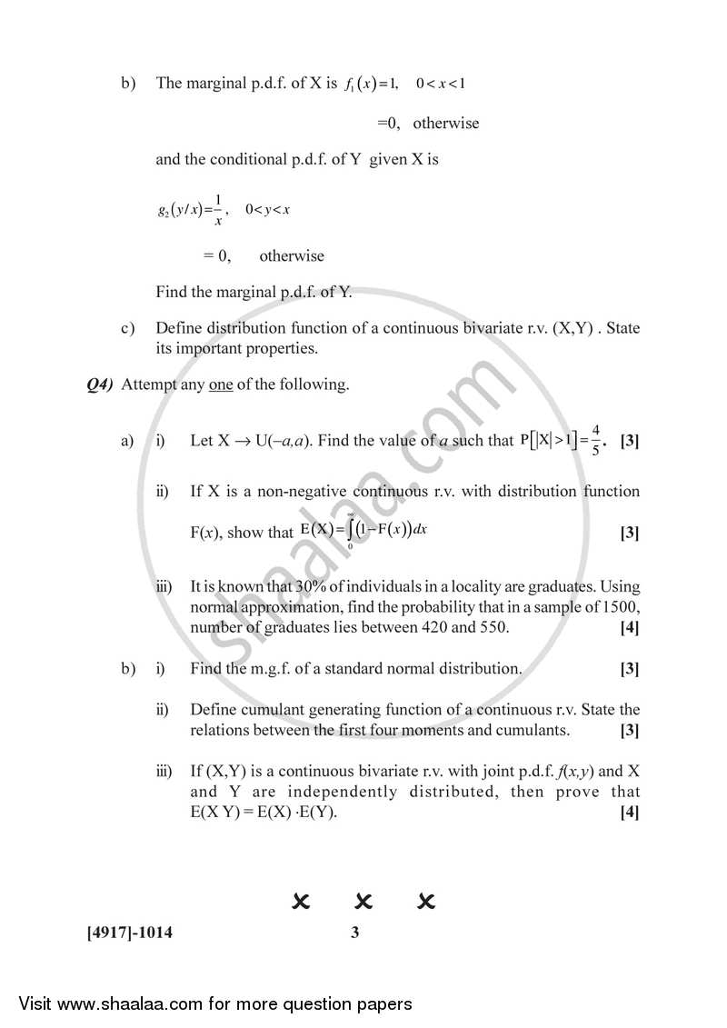 Continuous Probability Distributions 1 2015-2016 - B.Sc. - Semester 3 (SYBSc) - University of Pune question paper with PDF download