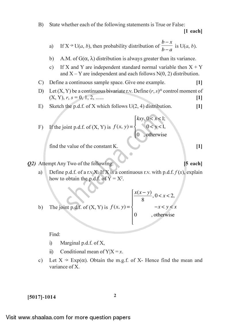 Continuous Probability Distributions 1 2016-2017 - B.Sc. - Semester 3 (SYBSc) - University of Pune question paper with PDF download